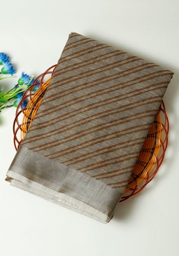 Brown Colour Striped Linen Cotton Sarees