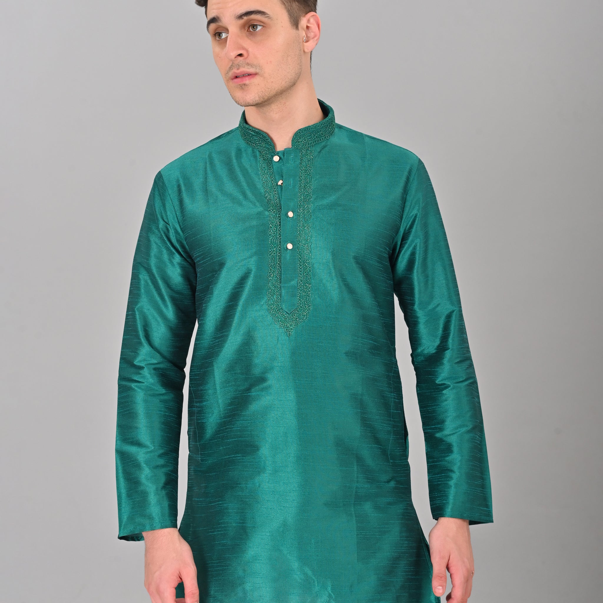 Linen Valley Teal Colour Art Silk Mens Kurta