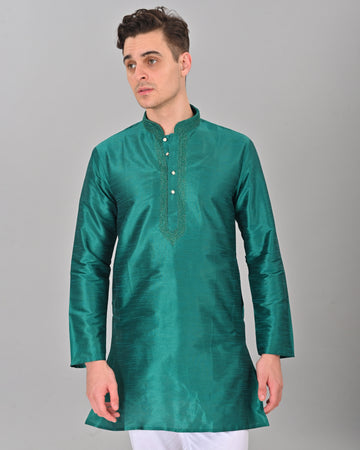 Linen Valley Teal Colour Art Silk Mens Kurta