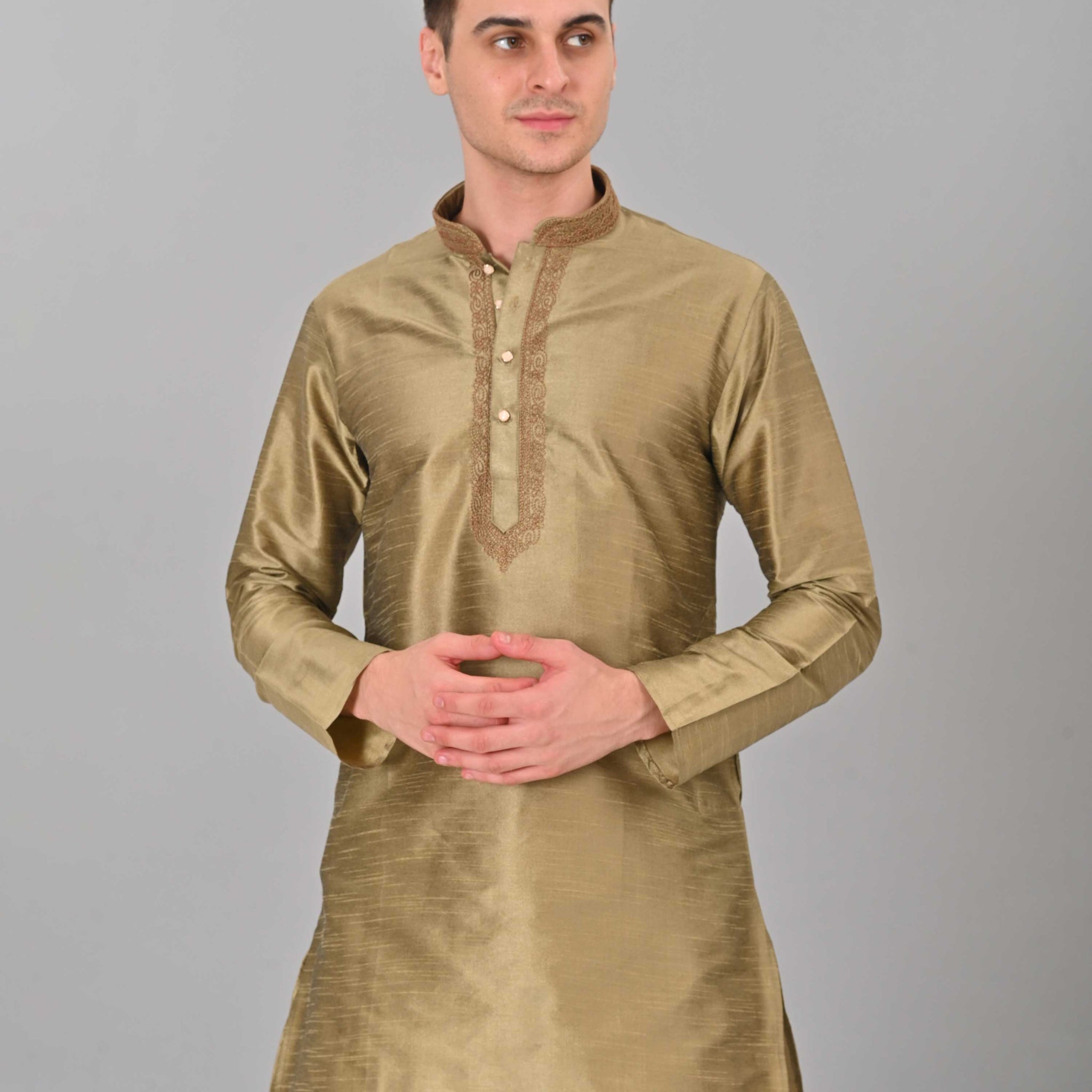 Linen Valley Beige Colour Art Silk Mens Kurta