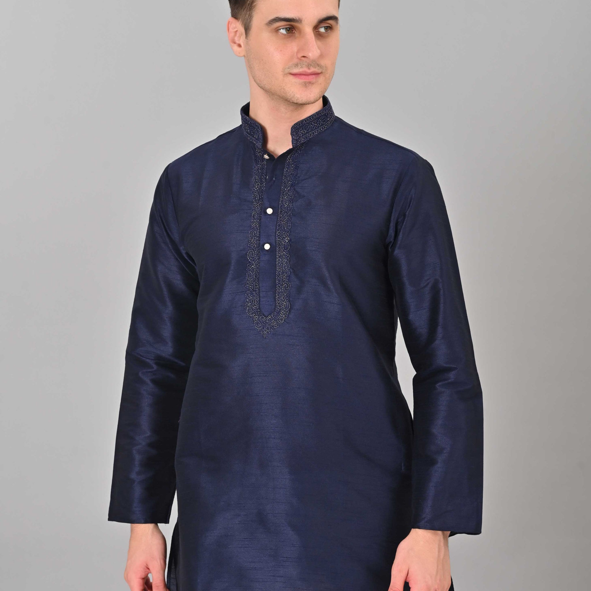 Linen Valley Navy Blue Colour Art Silk Mens Kurta