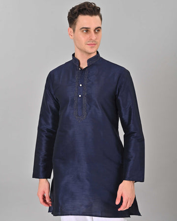 Linen Valley Navy Blue Colour Art Silk Mens Kurta