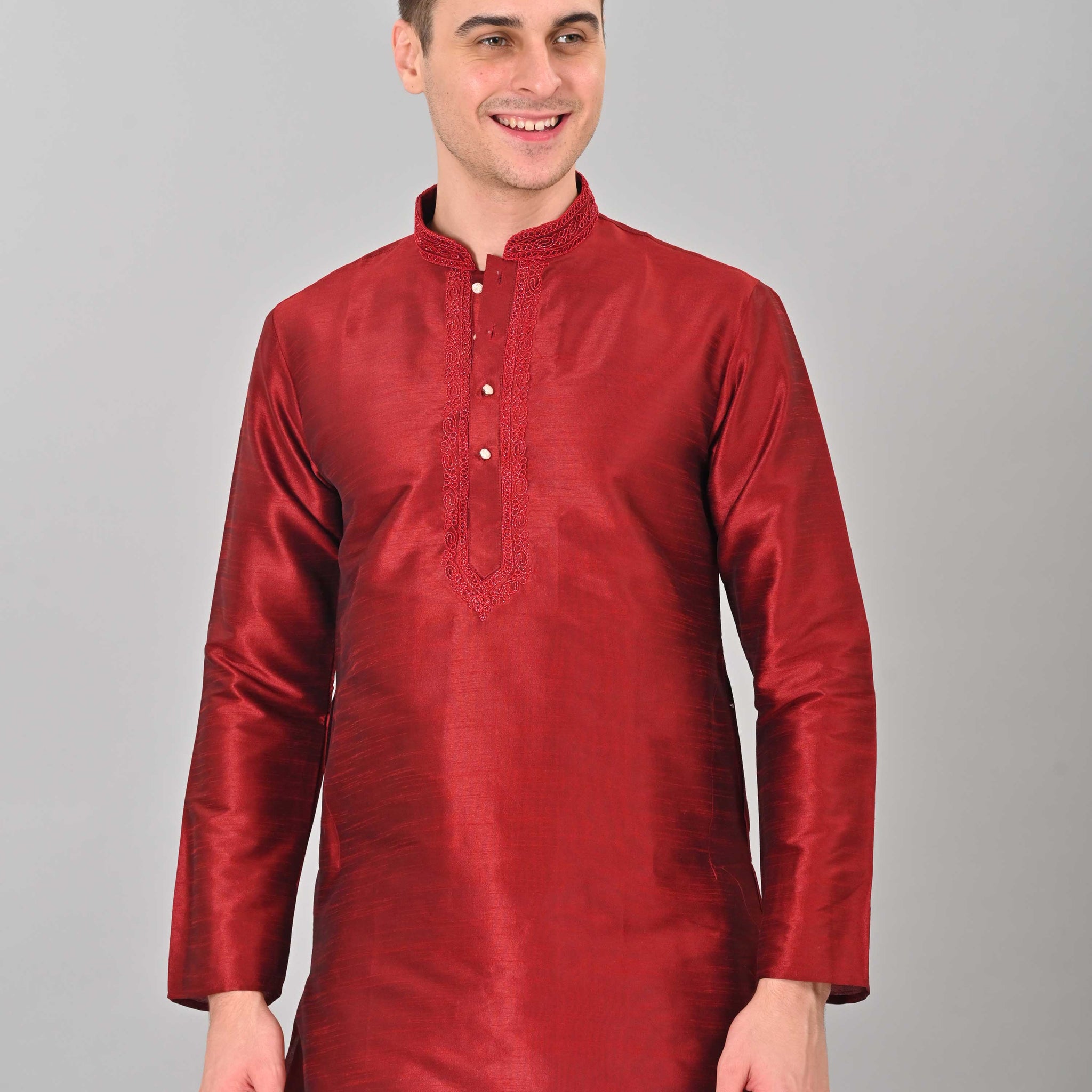 Linen Valley Maroon Colour Art Silk Mens Kurta