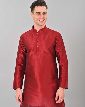 Linen Valley Maroon Colour Art Silk Mens Kurta