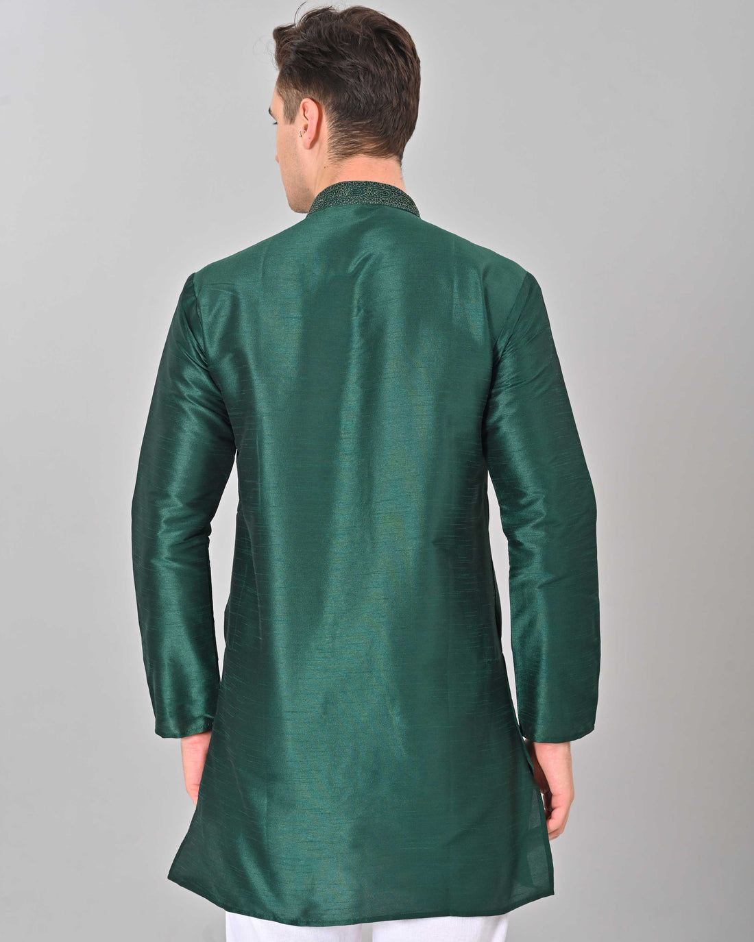 Linen Valley Bottle Green Colour Art Silk Mens Kurta