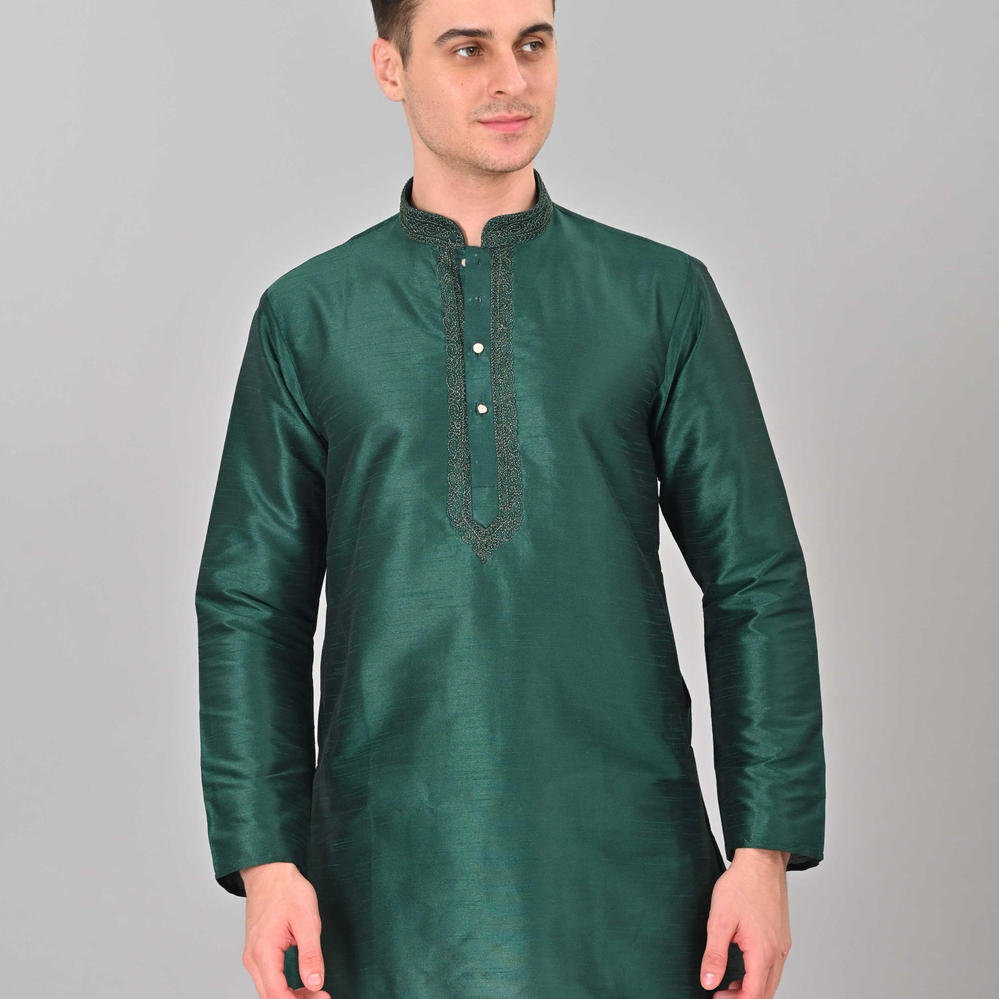 Linen Valley Bottle Green Colour Art Silk Mens Kurta