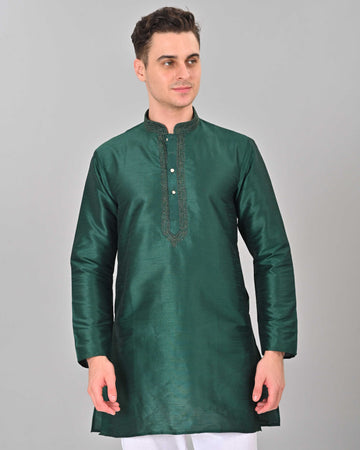 Linen Valley Bottle Green Colour Art Silk Mens Kurta