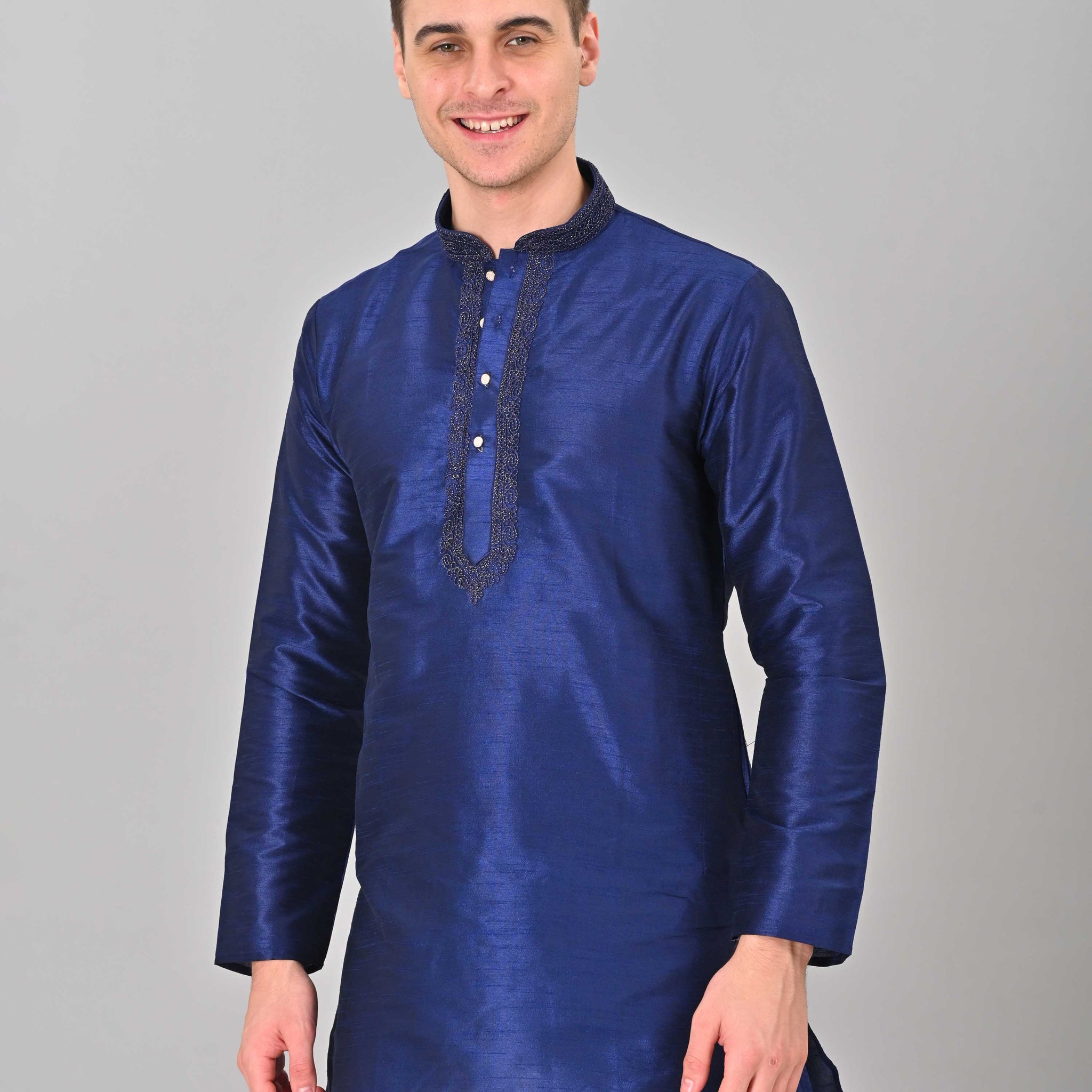 Linen Valley Royal Blue Colour Art Silk Mens Kurta