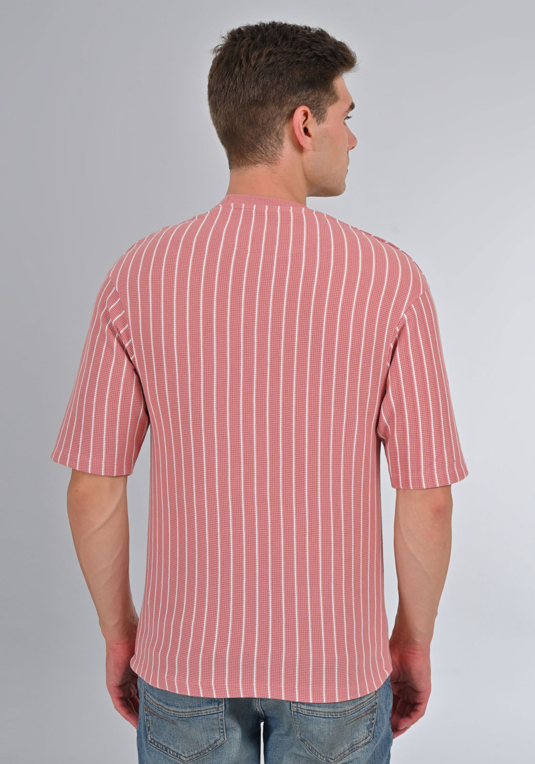 Nativebull Peach Color Stripe Cotton Half Sleeve Round Neck Tshirt