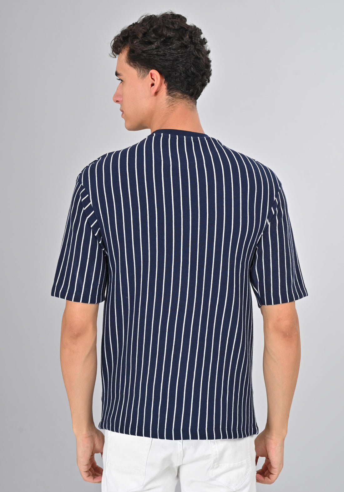 Nativebull Navy Blue Color Stripe Cotton Half Sleeve Round Neck Tshirt