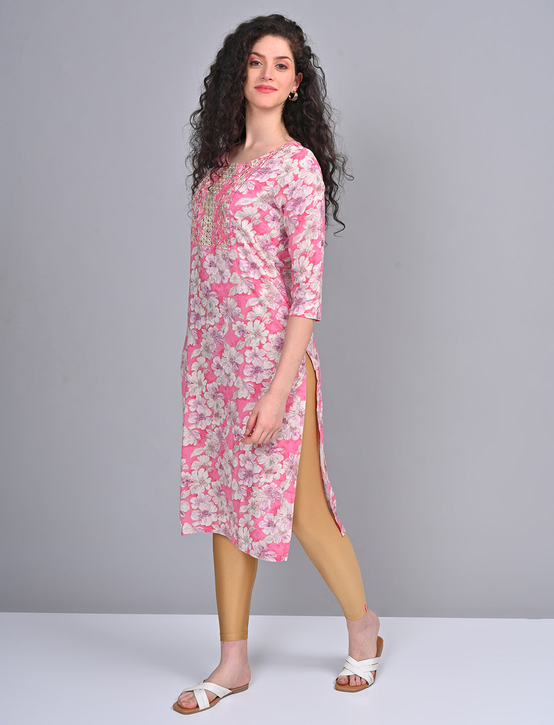 Stylish Women's Pink Floral Printed Embroidered Kurti
