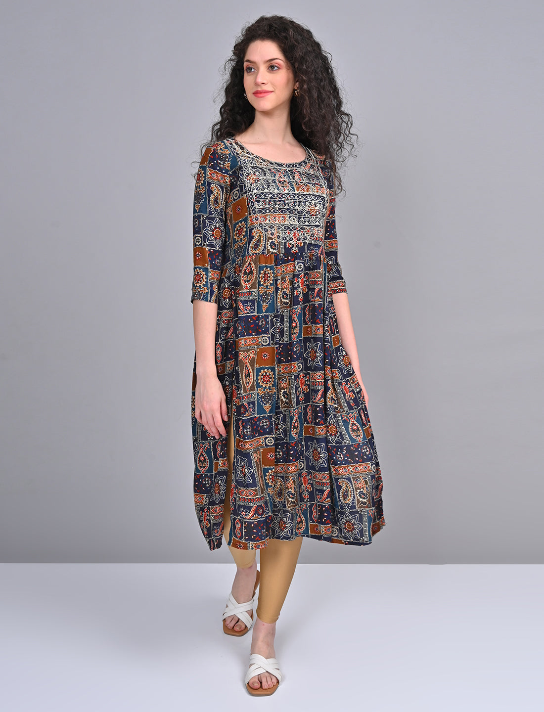 Stylish Women's Navy Blue Printed Embroidered Kurti
