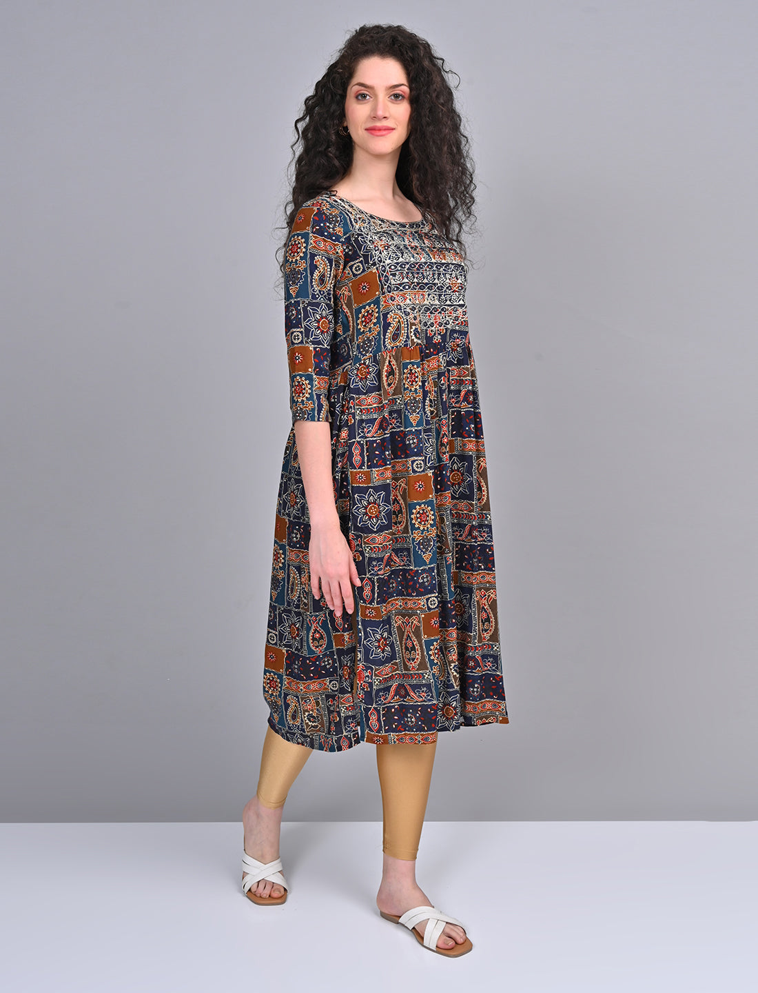 Shop Stylish Women's Navy Blue Printed Embroidered Kurti
