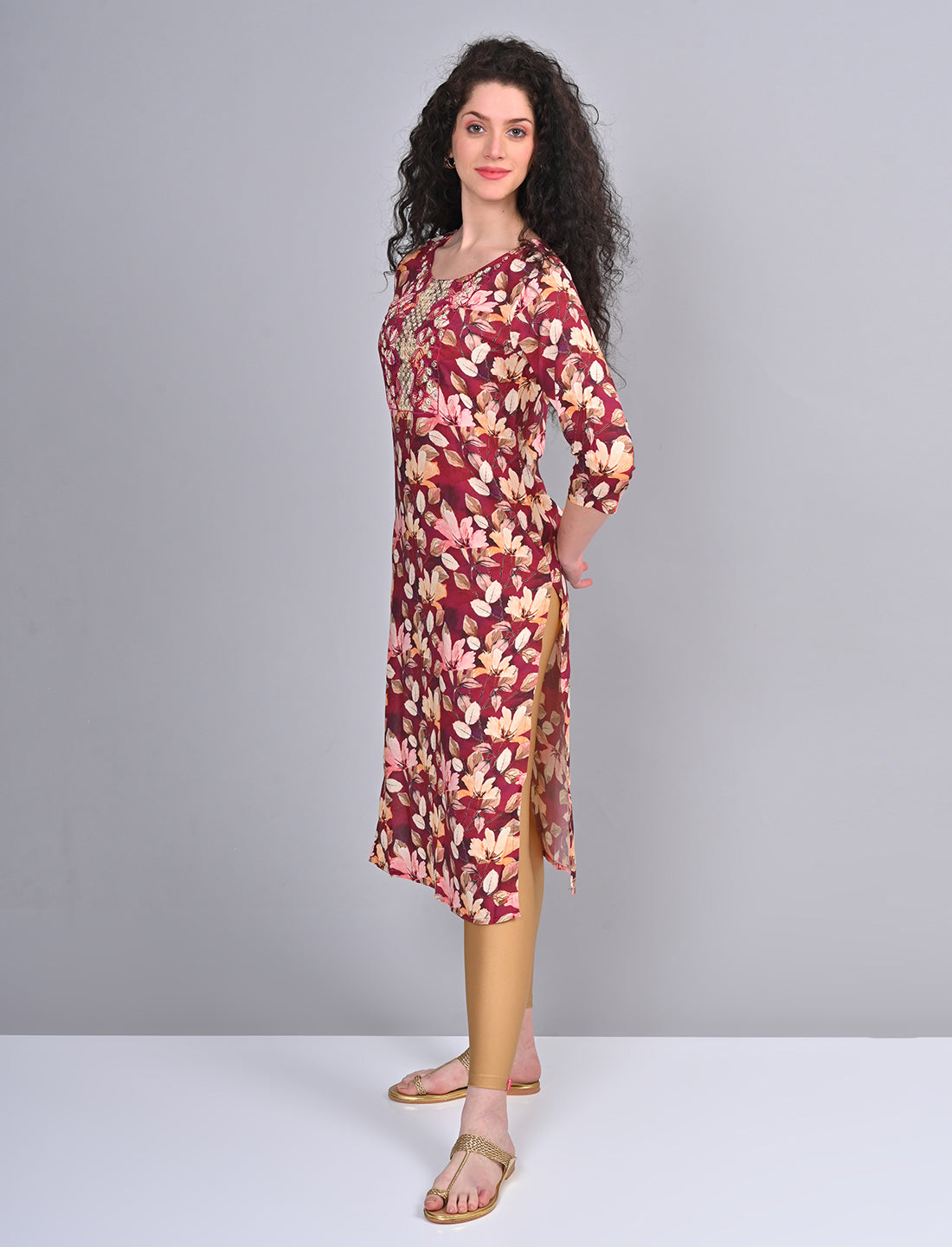 Stylish Women's Maroon Floral Printed Embroidered Kurti