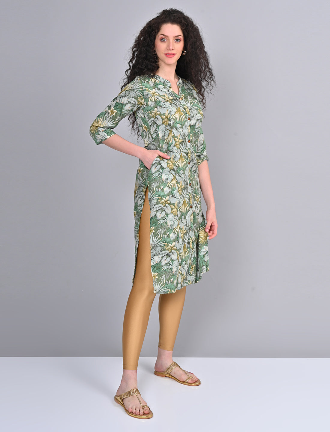 Shop Stylish Women's Green Princess Cut Kurti With Buttoned Down Stripes
