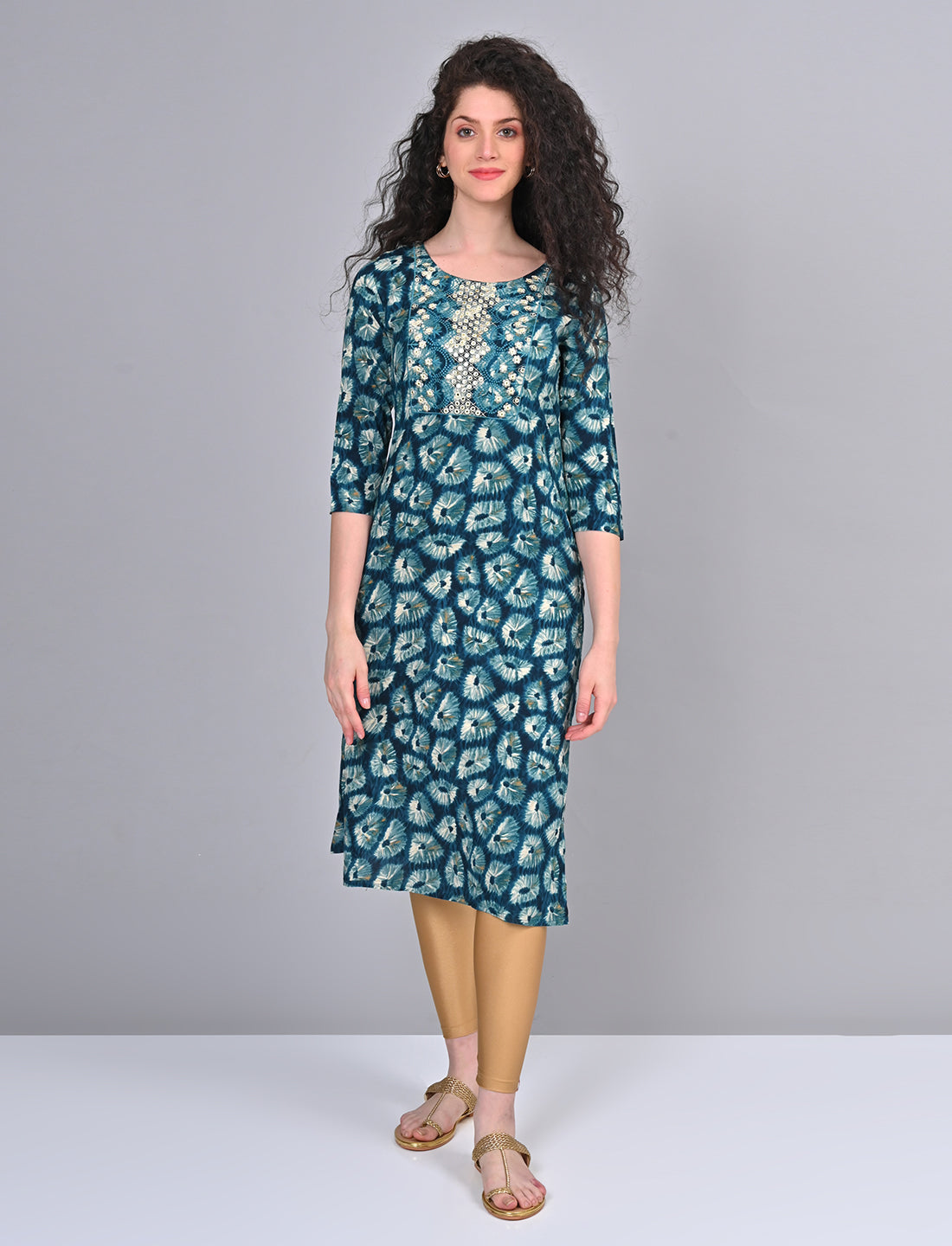 Stylish Women's Teal Blue Printed Embroidered Kurti