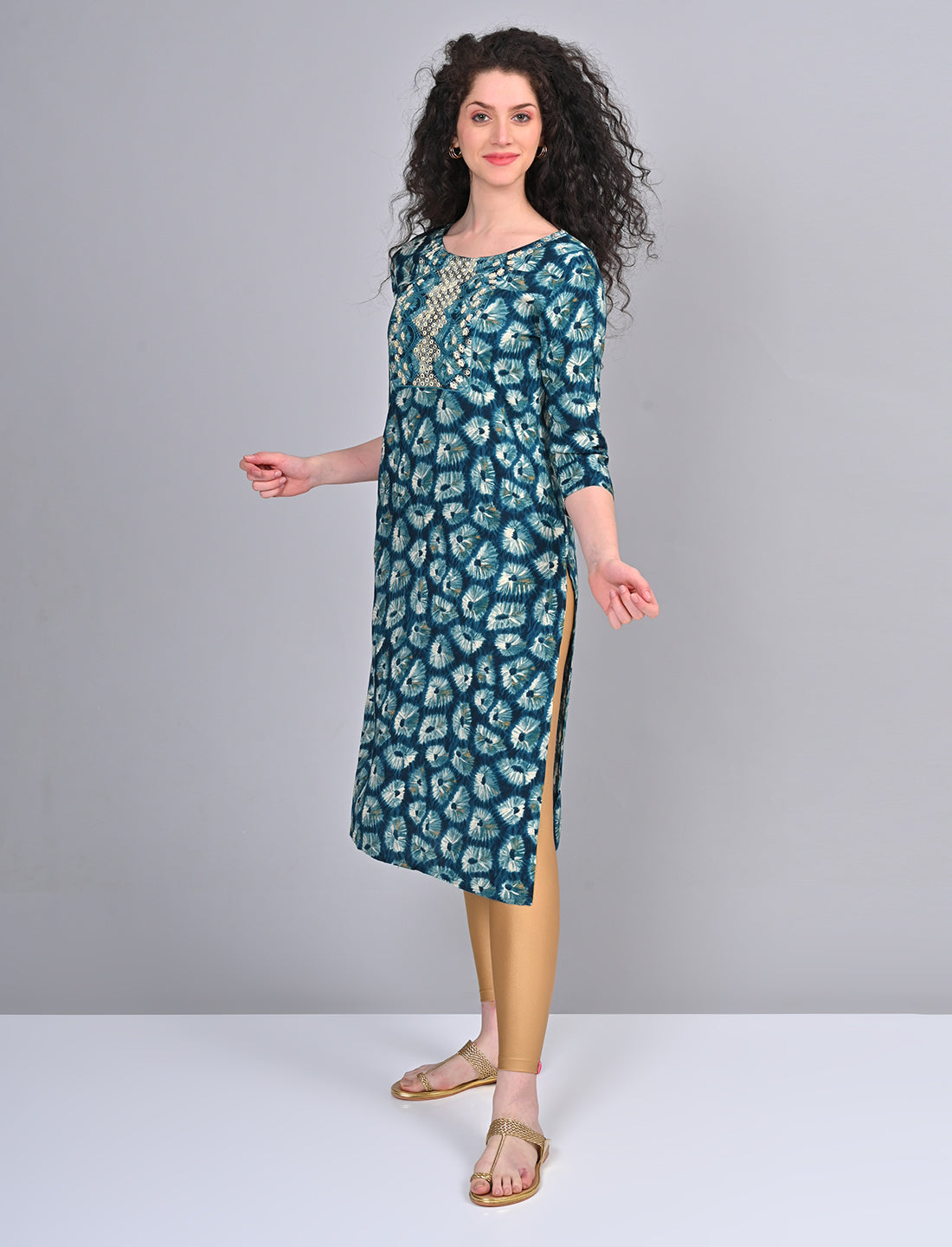 Shop Stylish Women's Teal Blue Printed Embroidered Kurti