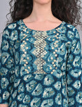 Stylish Women's Teal Blue Printed Embroidered Kurti Online Shopping