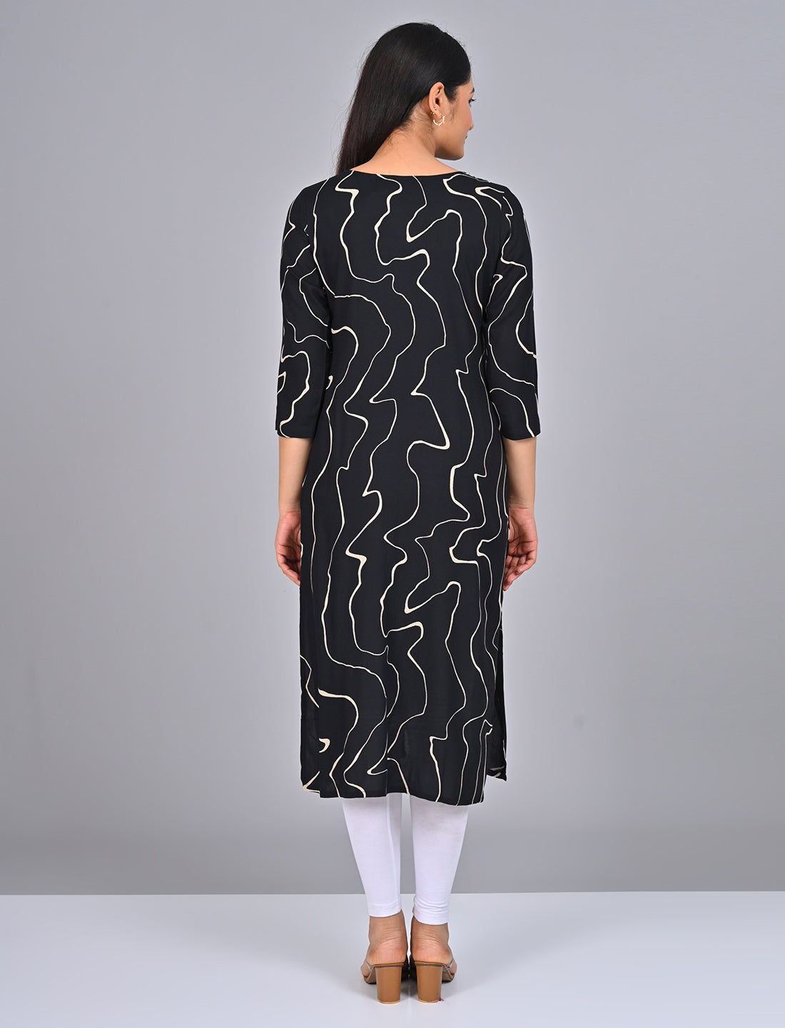 Stylish Women's Black Princess Cut Kurti With Buttoned Down Stripes