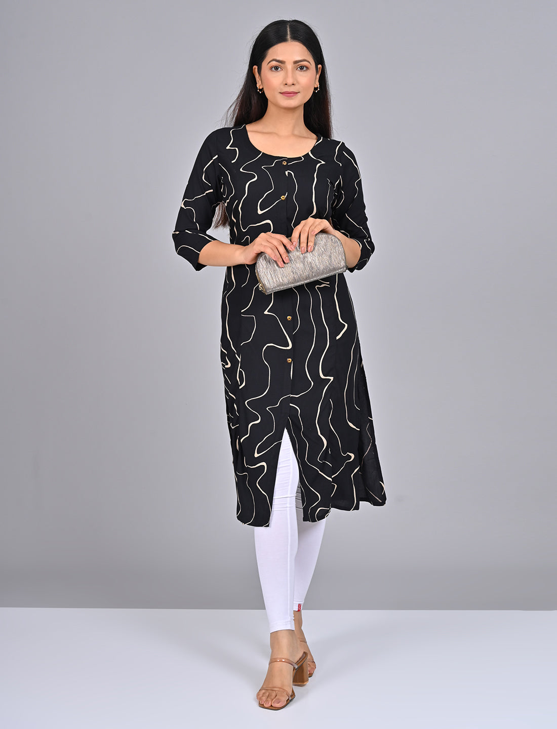 Shop Stylish Women's Black Princess Cut Kurti With Buttoned Down Stripes Online