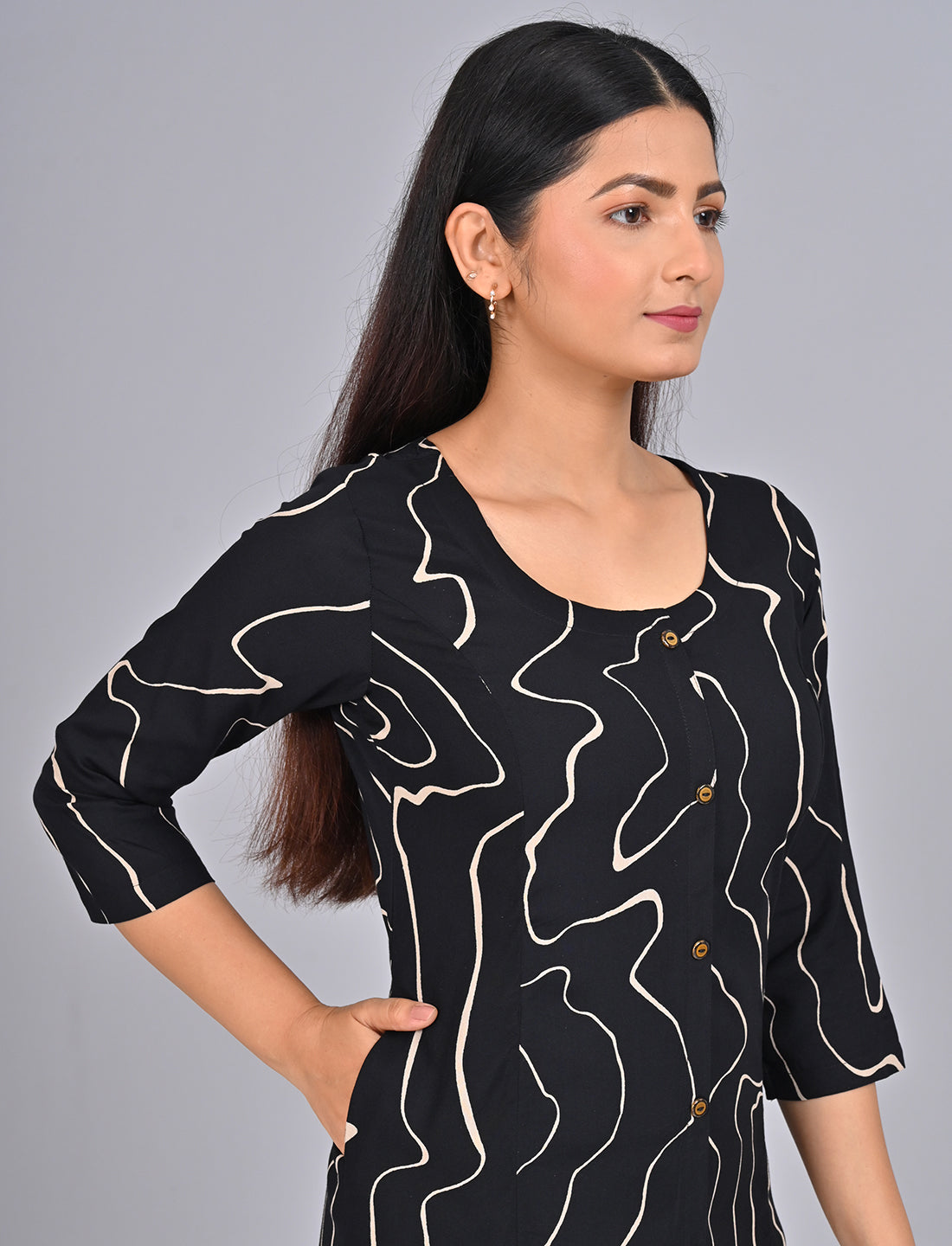 Buy Stylish Women's Black Princess Cut Kurti With Buttoned Down Stripes Online Shopping