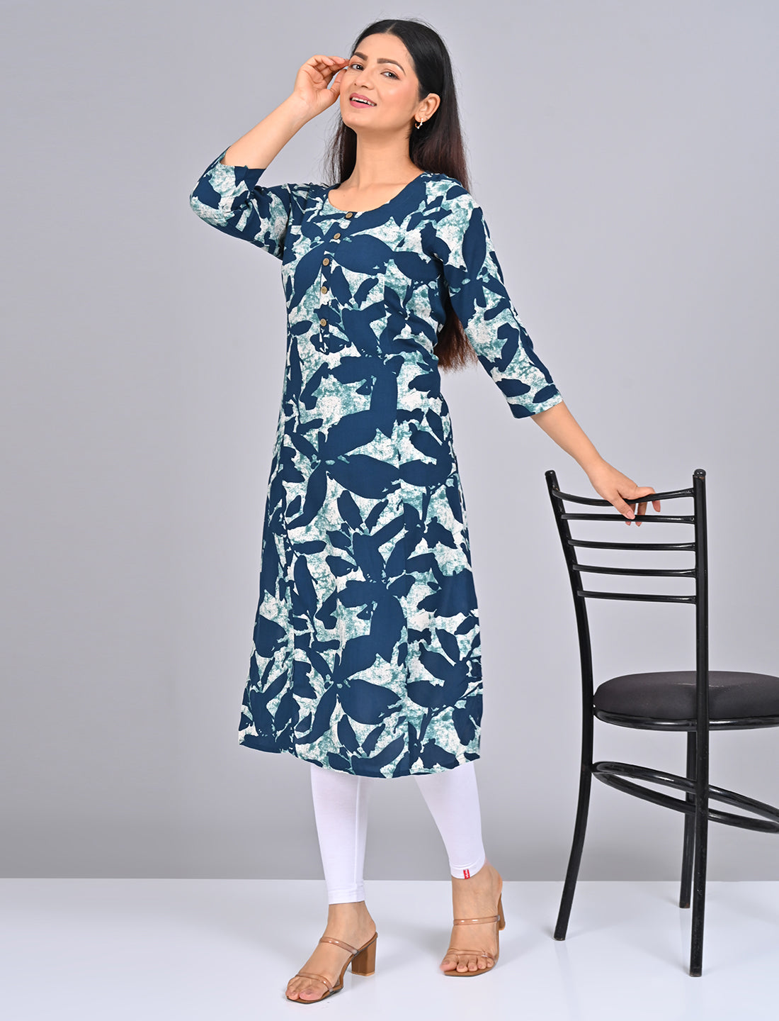 Shop Stylish Women's Teal Blue Princess Cut Kurti With Buttoned Down Stripes Online 