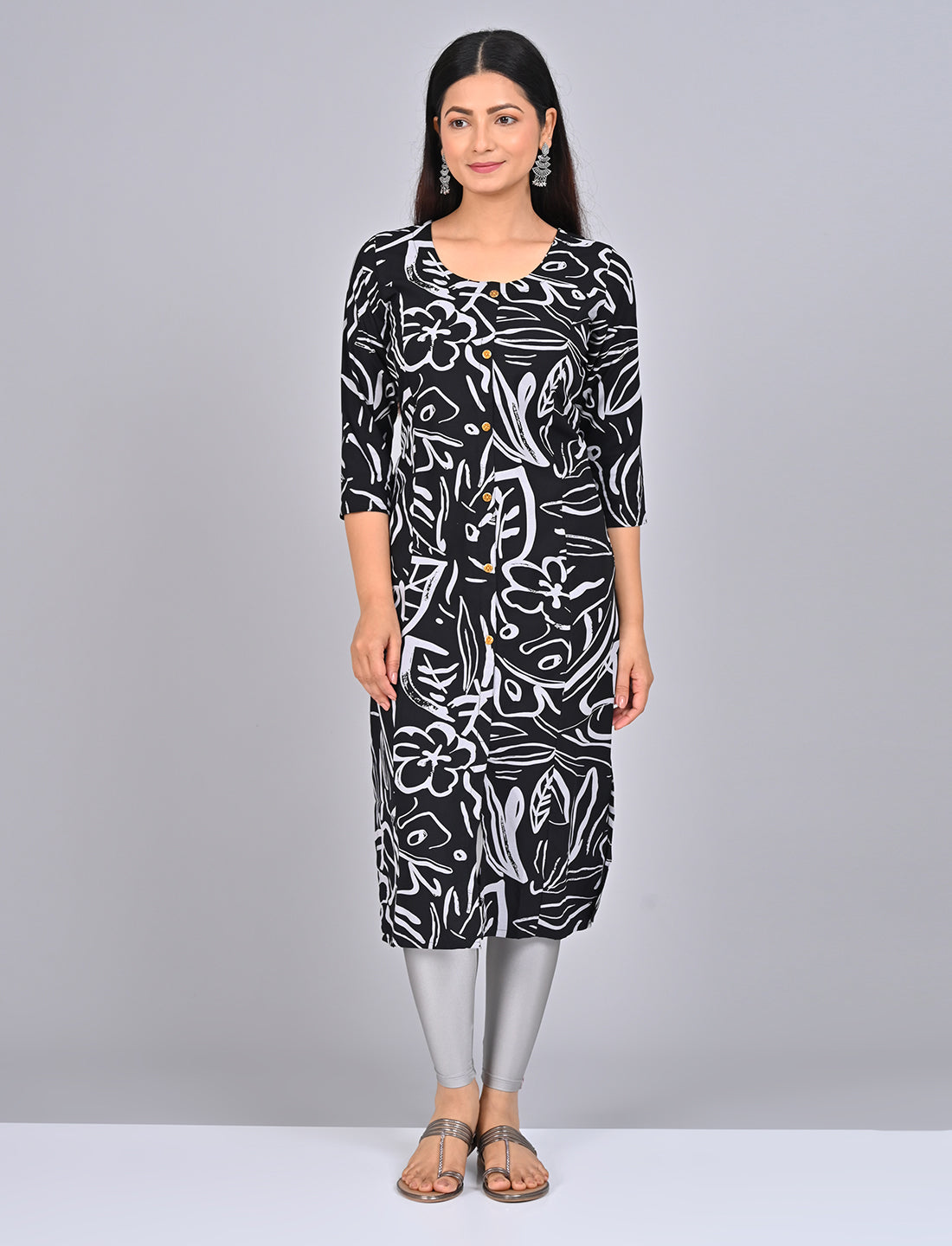 Stylish Women's Black Princess Cut Kurti With Buttoned Down Stripes
