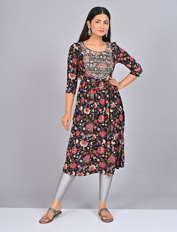 Stylish Women's Navy Blue Floral Printed Embroidered Kurti
