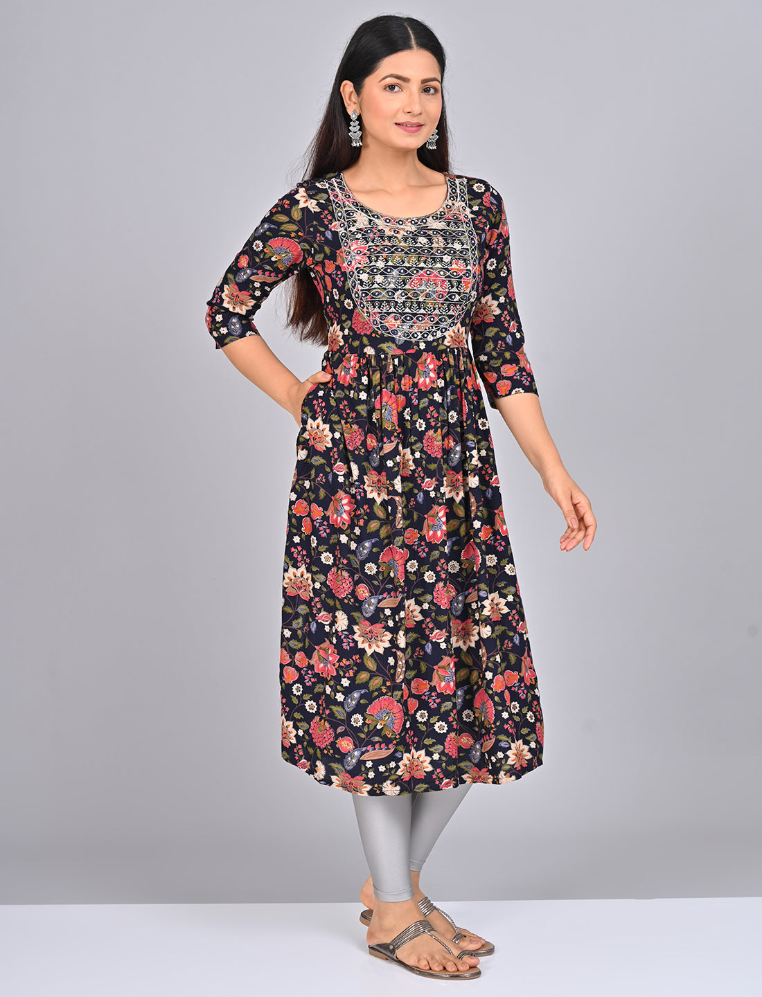 Shop Stylish Women's Navy Blue Floral Printed Embroidered Kurti
