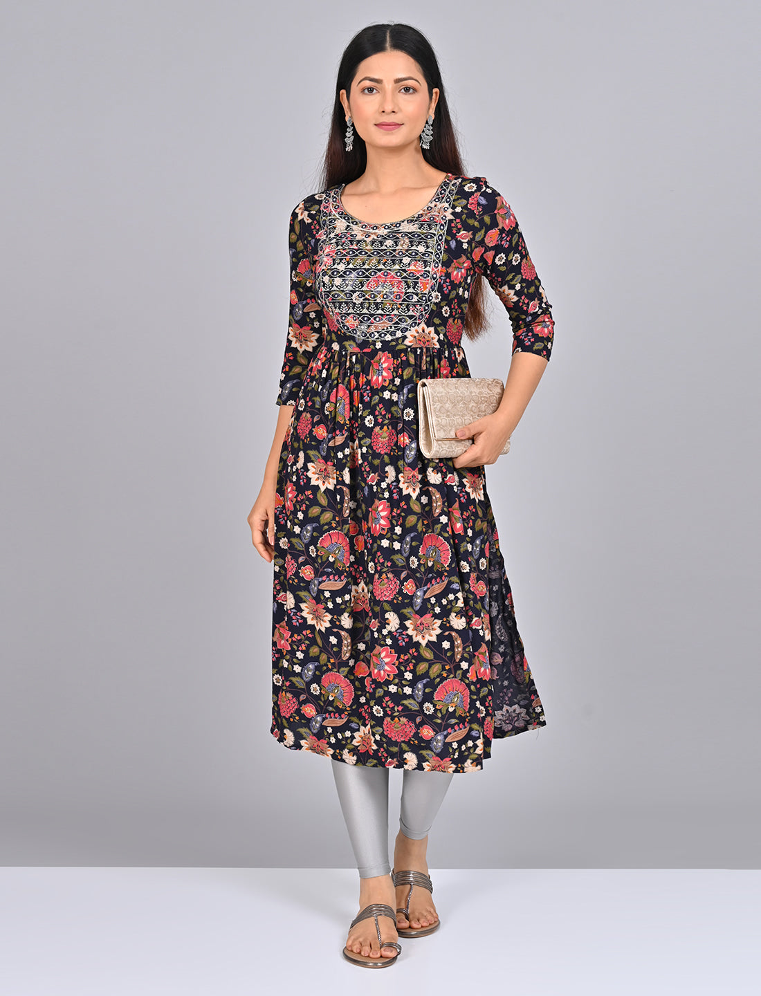 Shop Stylish Women's Navy Blue Floral Printed Embroidered Kurti
Online