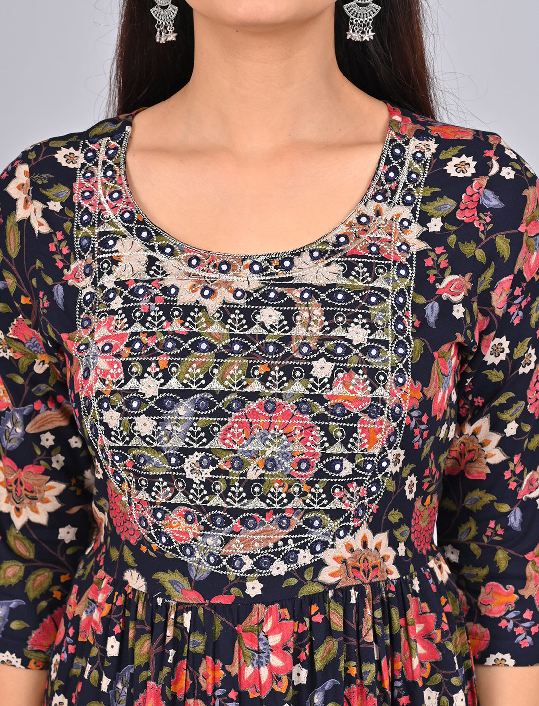 Stylish Women's Navy Blue Floral Printed Embroidered Kurti Online Shopping