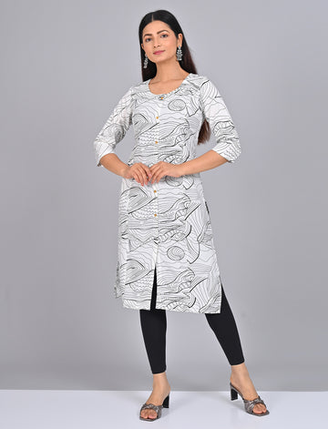 Stylish Women's White Princess Cut Kurti With Buttoned Down Stripes
