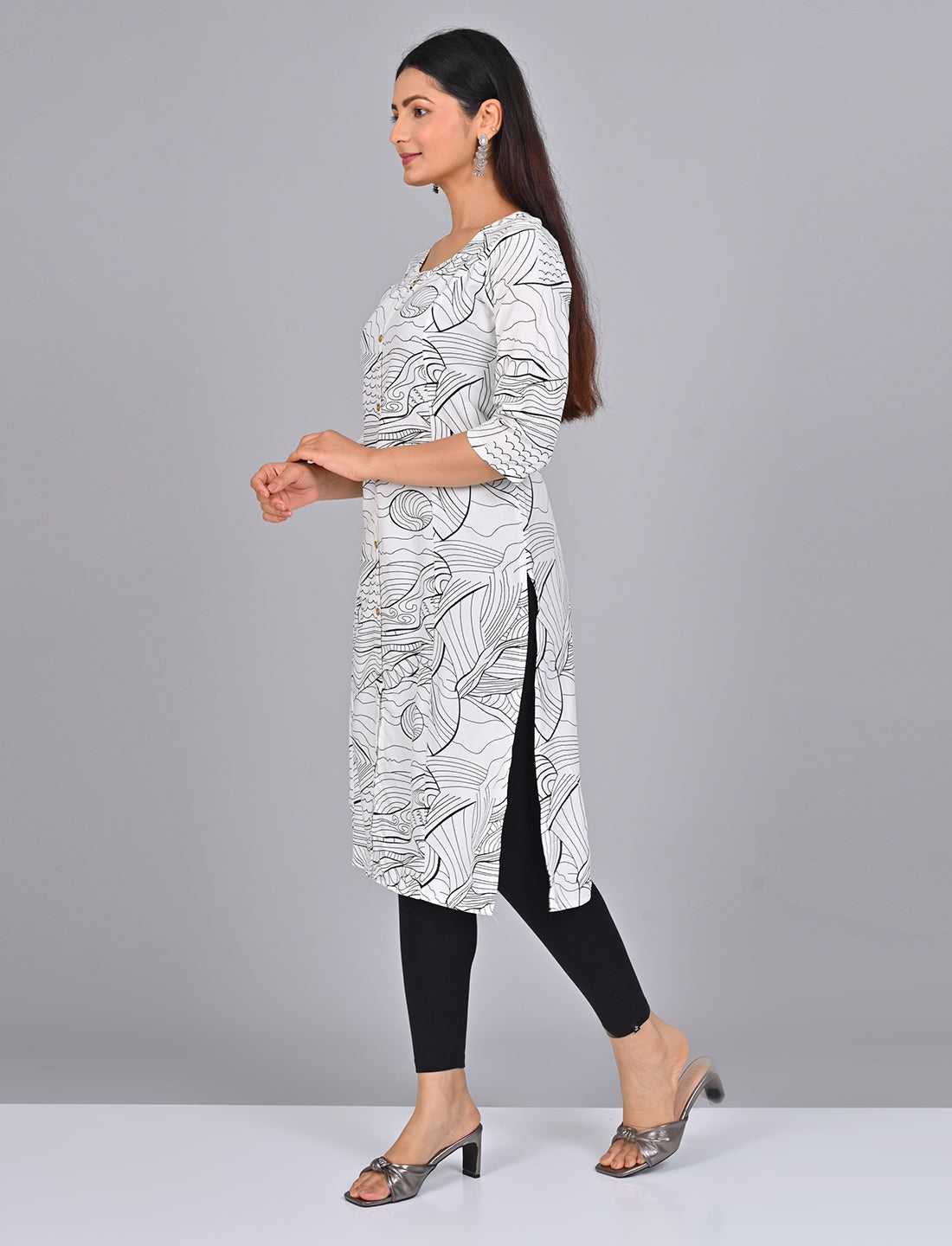 Buy Stylish Women's White Princess Cut Kurti With Buttoned Down Stripes Online