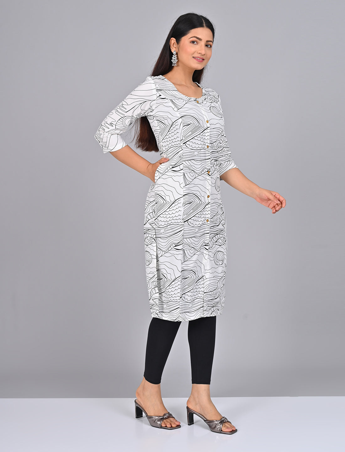 Shop Stylish Women's White Princess Cut Kurti With Buttoned Down Stripes
