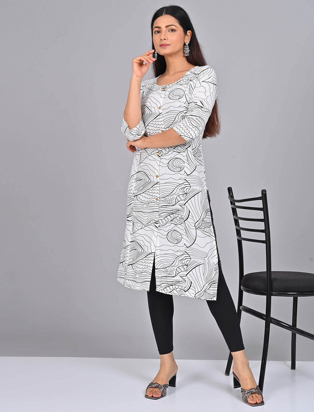 Shop Stylish Women's White Princess Cut Kurti With Buttoned Down Stripes Online