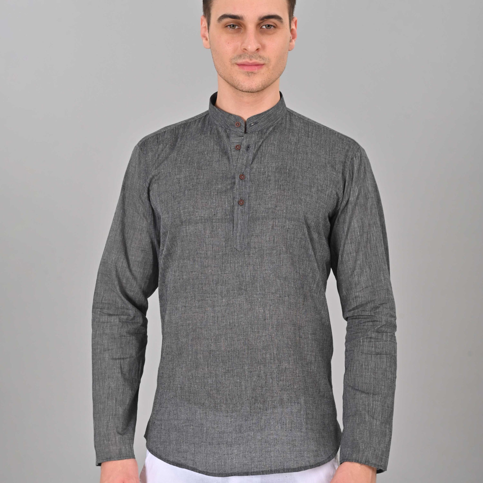 Linen Valley Dark Grey Colour Short Mens Kurta