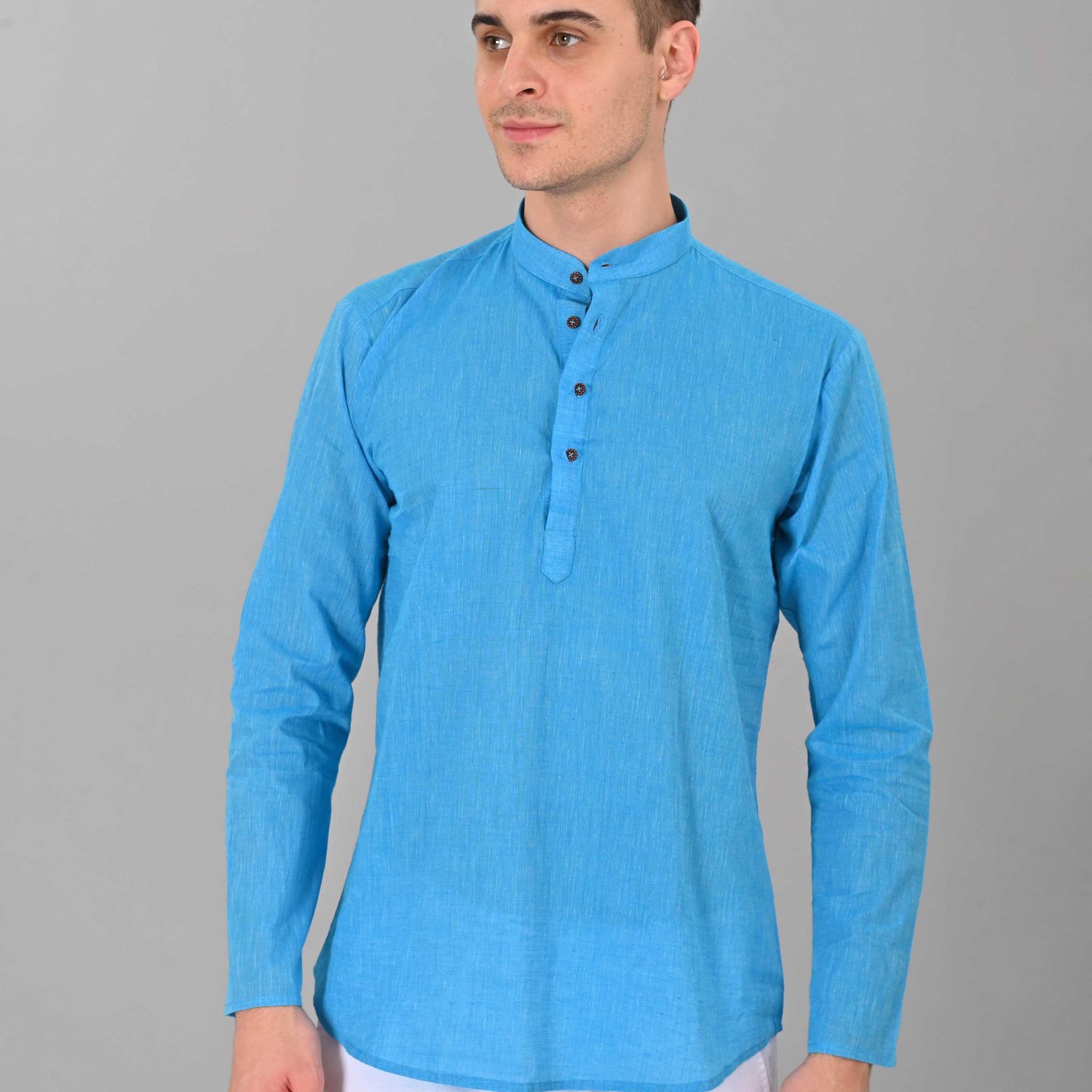 Linen Valley Sky Blue Colour Short Mens Kurta