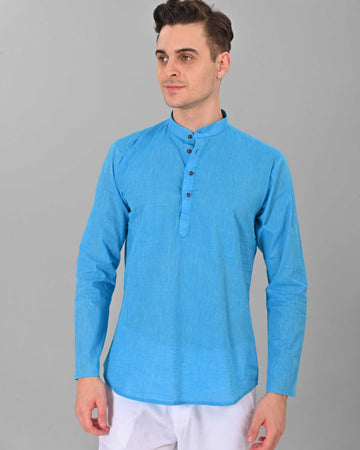 Linen Valley Sky Blue Colour Short Mens Kurta