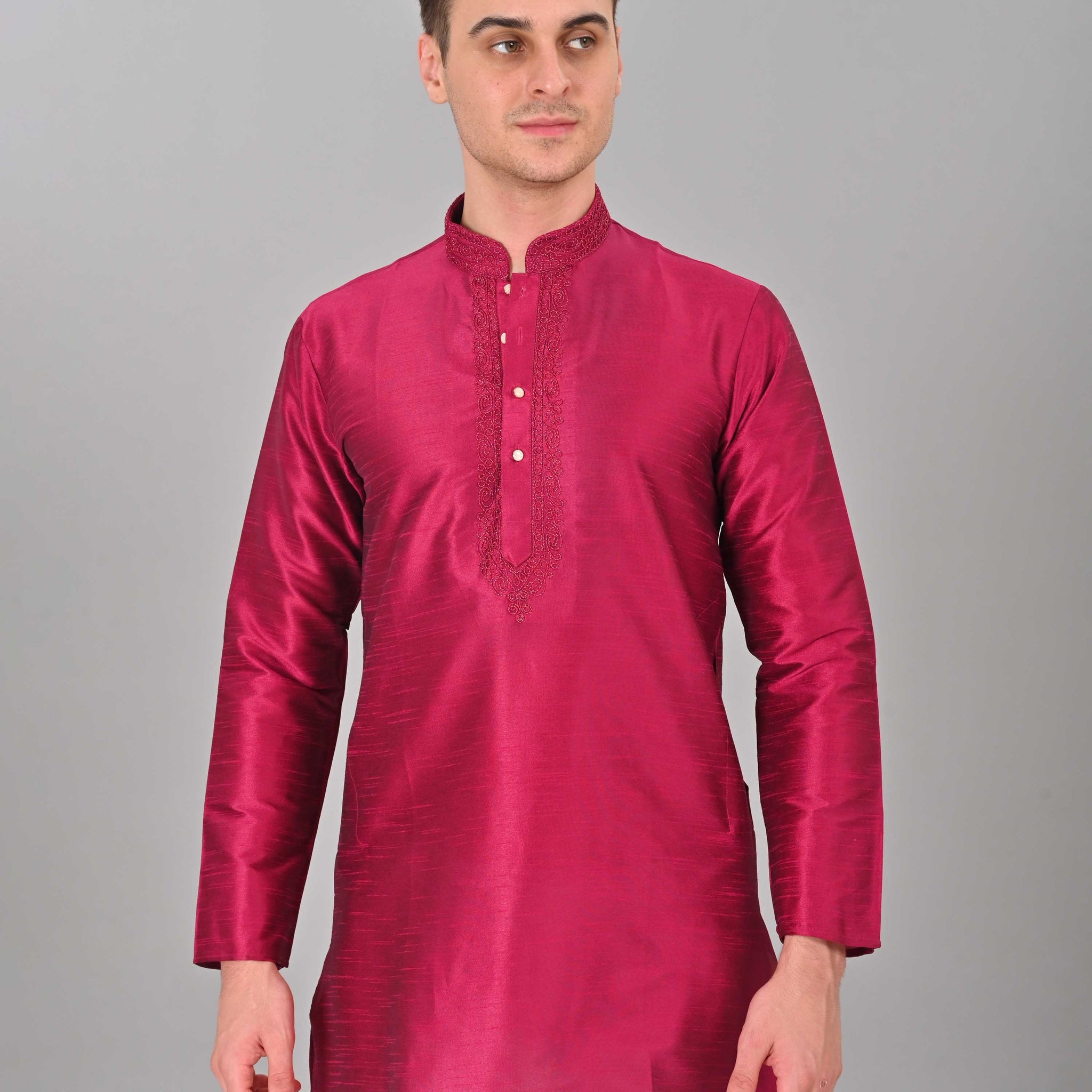 Linen Valley Magenta Pink Colour Art Silk Mens Kurta