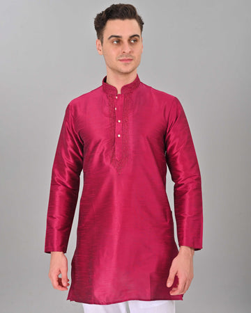 Linen Valley Magenta Pink Colour Art Silk Mens Kurta