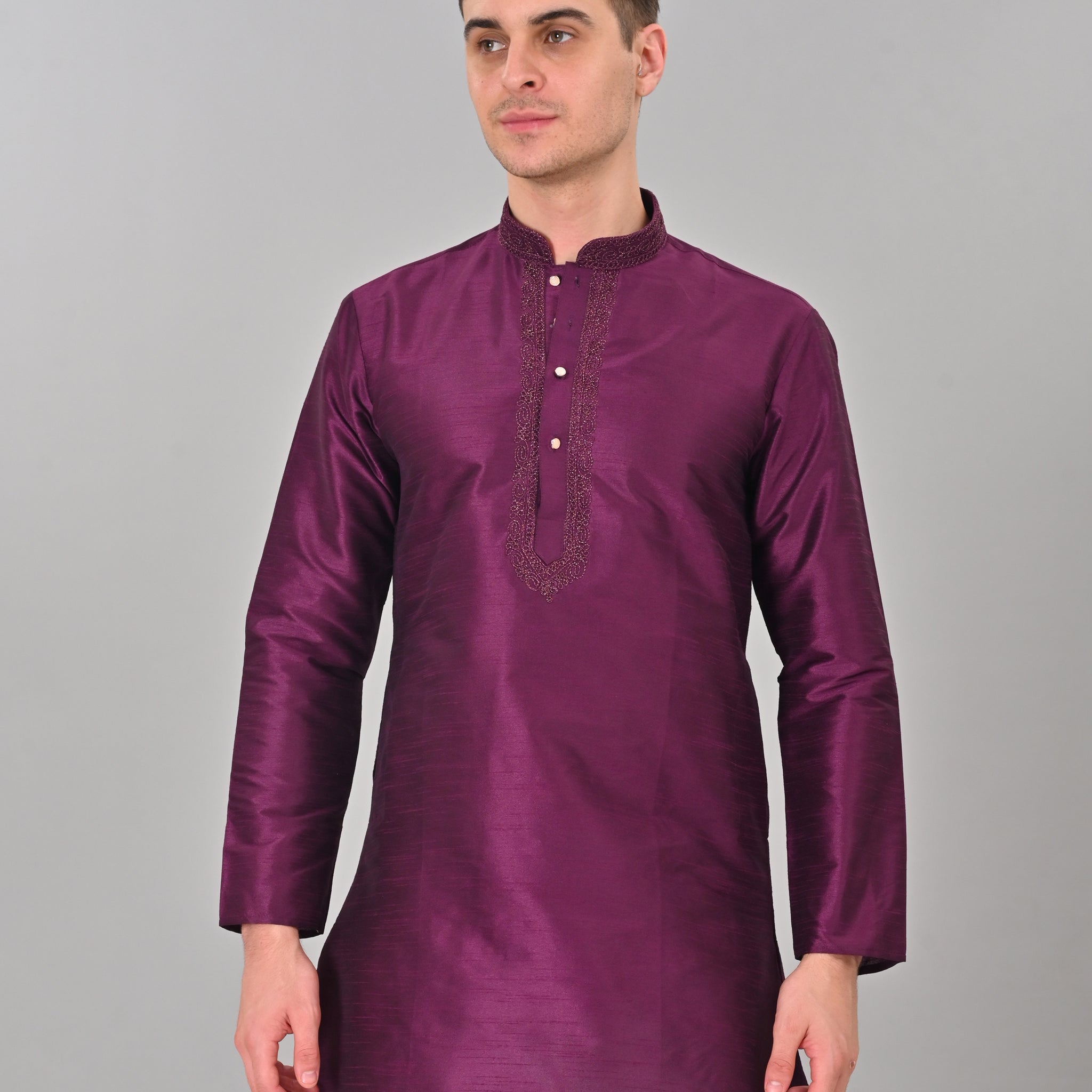 Linen Valley Dark Purple Colour Art Silk Mens Kurta