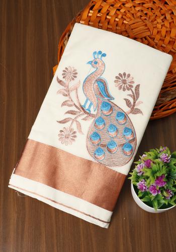 Cream Colour Copper Zari Kerala Saree with Blue Peacock Design