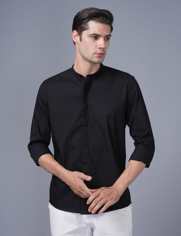 Native Bull Black Mandarin Collar Shirt