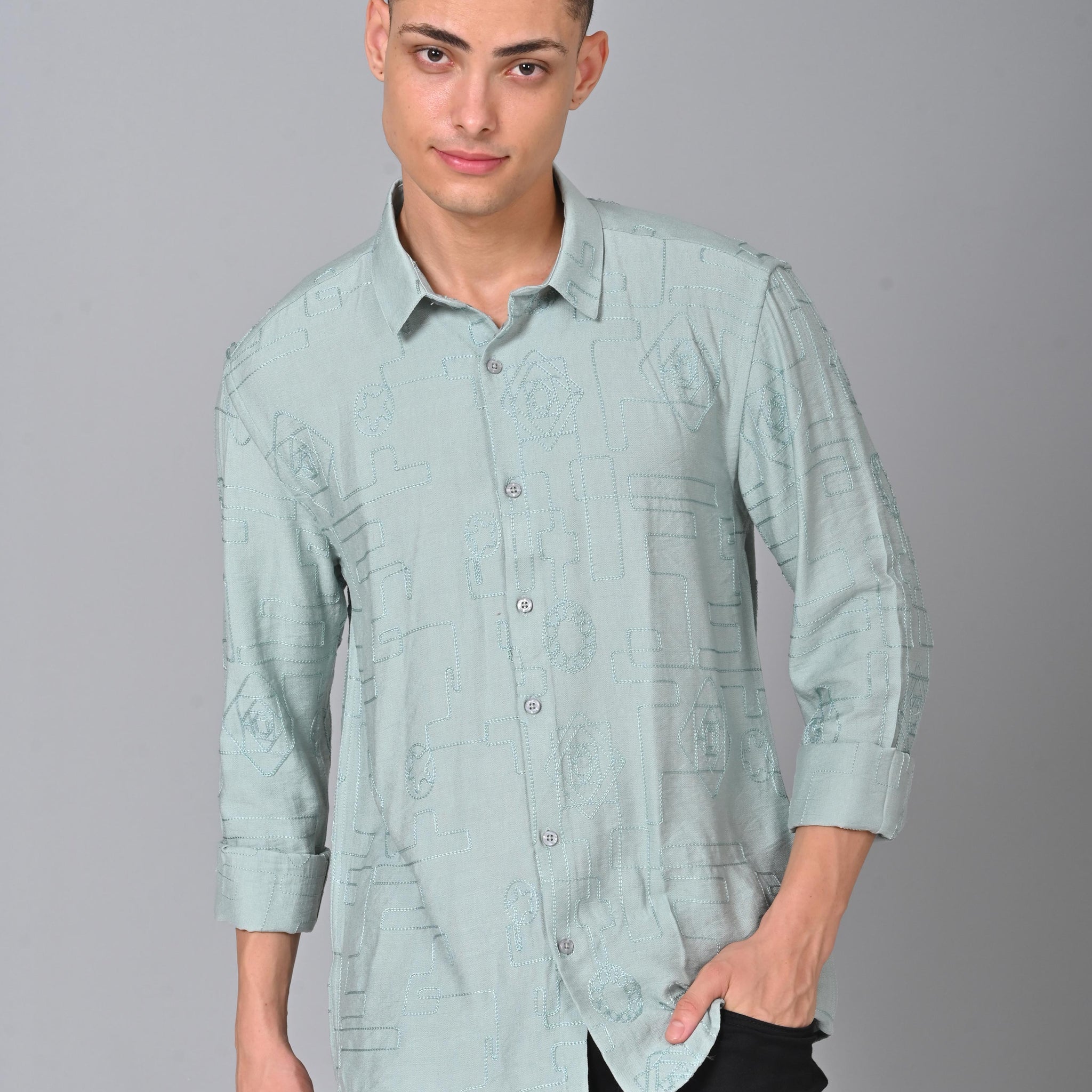 Men's Embroidered Light Green Shirt