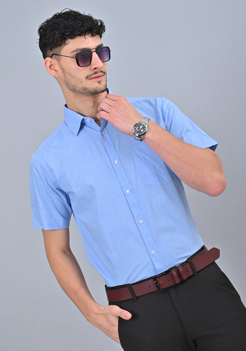 Light Blue Colour Solid Formal Half Sleeve Shirt