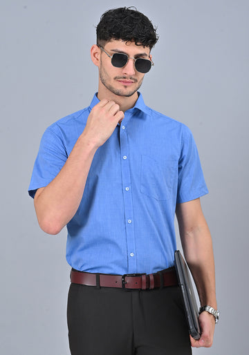 Blue Colour Solid Formal Half Sleeve Shirt