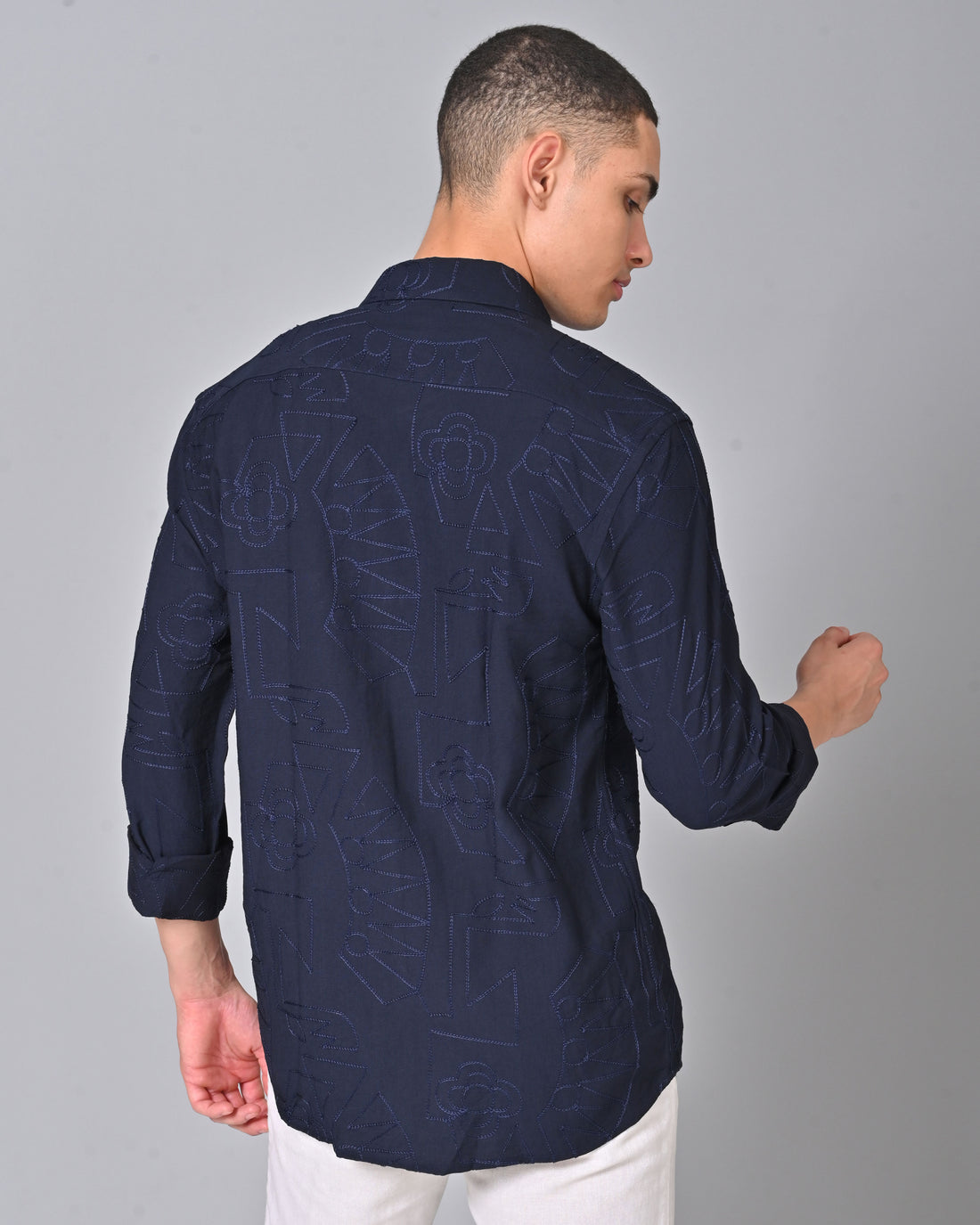 Men's Embroidered Navy Blue Shirt