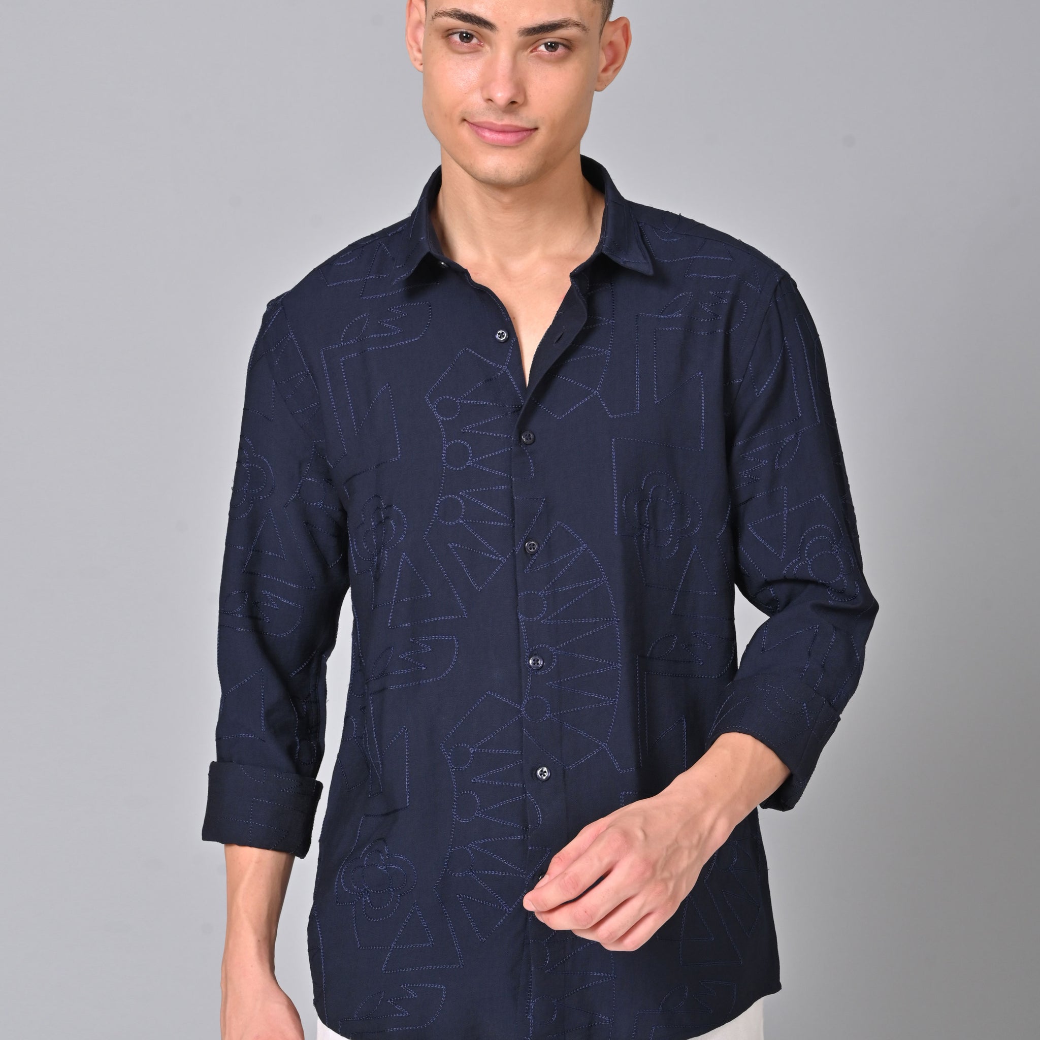 Men's Embroidered Navy Blue Shirt