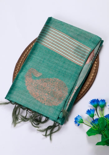 Dark Green Colour Printed Silk Cotton Saree With Blouse Piece