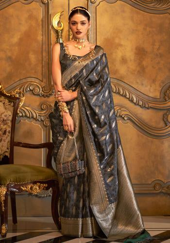 Dark Grey Colour Printed Fancy Silk Saree